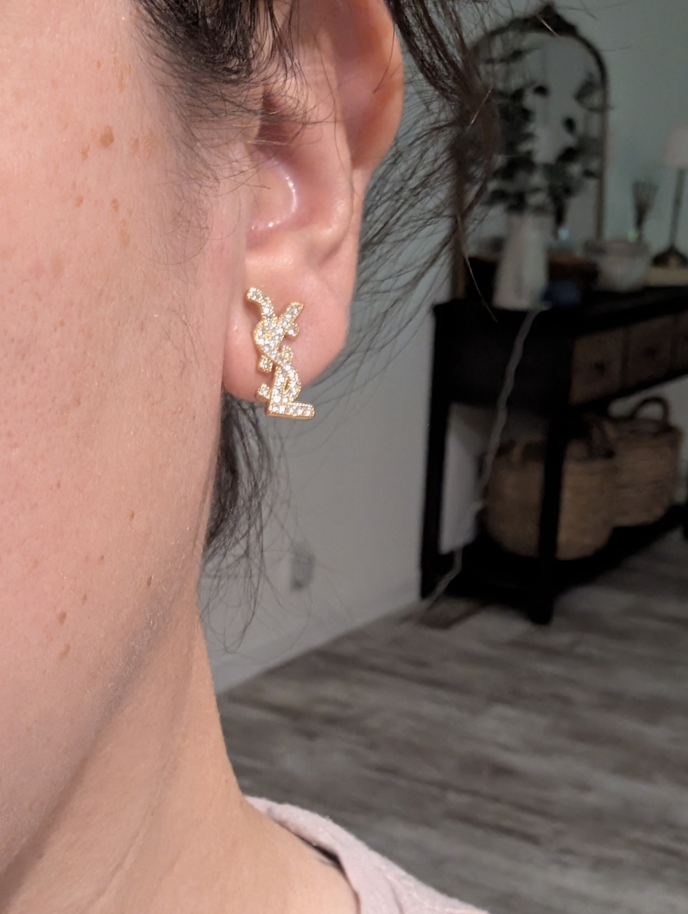 Yves Saint Laurent Crystal-Embellished Gold YSL Logo Stud Earrings - Picture 8 of 12